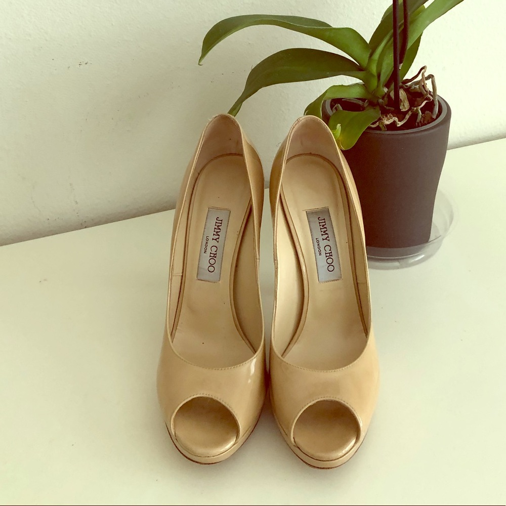 Jimmy Choo nude Romy 85 patent leather peep toes
